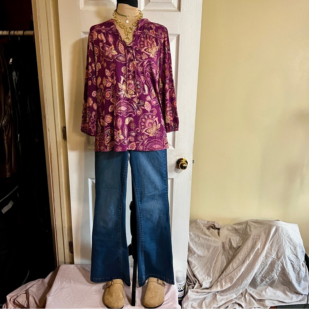Belle Boho Kim Gravel Floral Paisley Tie Neck Stretch Tunic Top Artsy Casual S‎